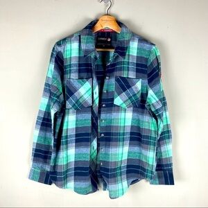 Canada Weather Gear: Plaid Button Up Down Shacket Flannel Blue Green Size Medium